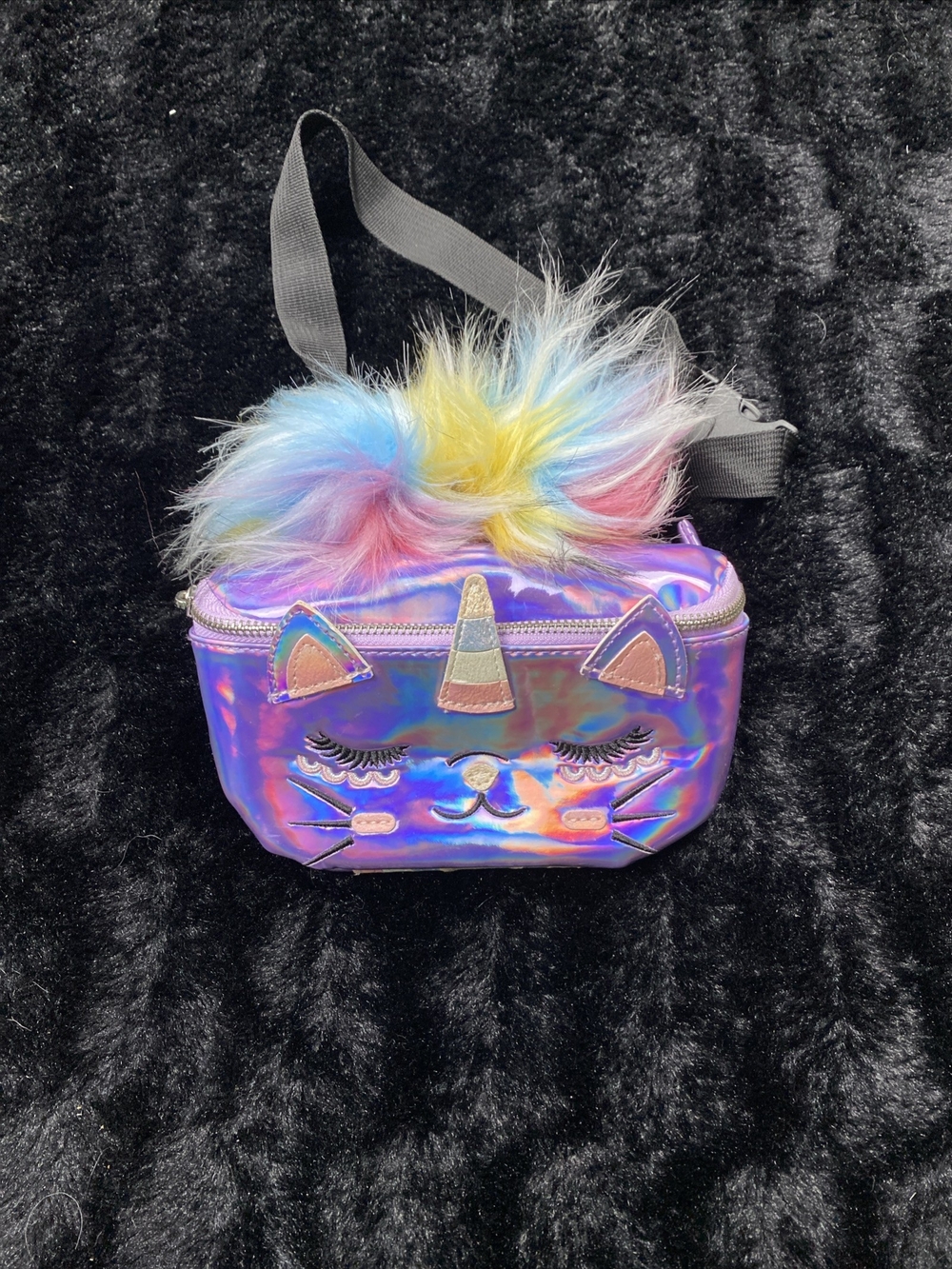 Under One Sky Iridescent Purple Unicorn-Cat Crossbody Bag with Rainbow Fur